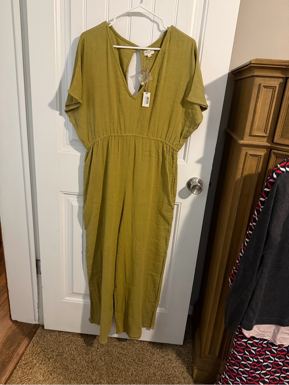 Cost Plus World Market Green Jumpsuit with V-Neck and Button Back